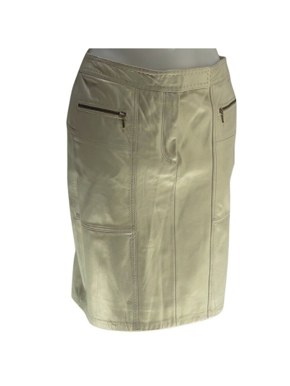 VS2 by VAKKO Skirt Paneled  Genuine Leather Beige Pencil Skirt With Zip Pockets